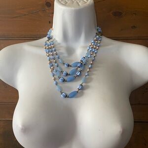 (JE24AB) Vintage 4 Strand Elegant Blue Beaded Necklace